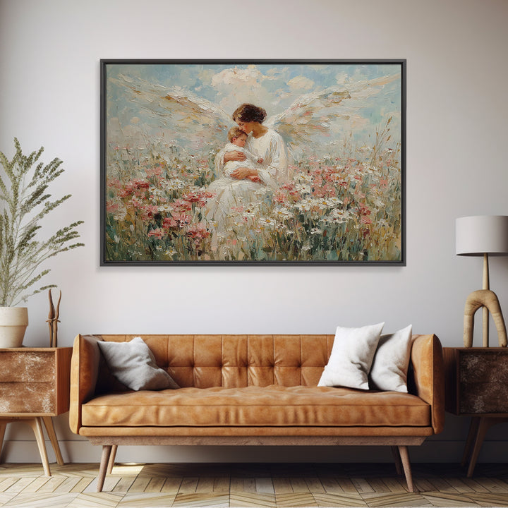 Guardian Angel Holding Baby In Wildflower Meadow Wall Art, Christian Nursery Decor, Motherhood Gift, Floral Canvas Print