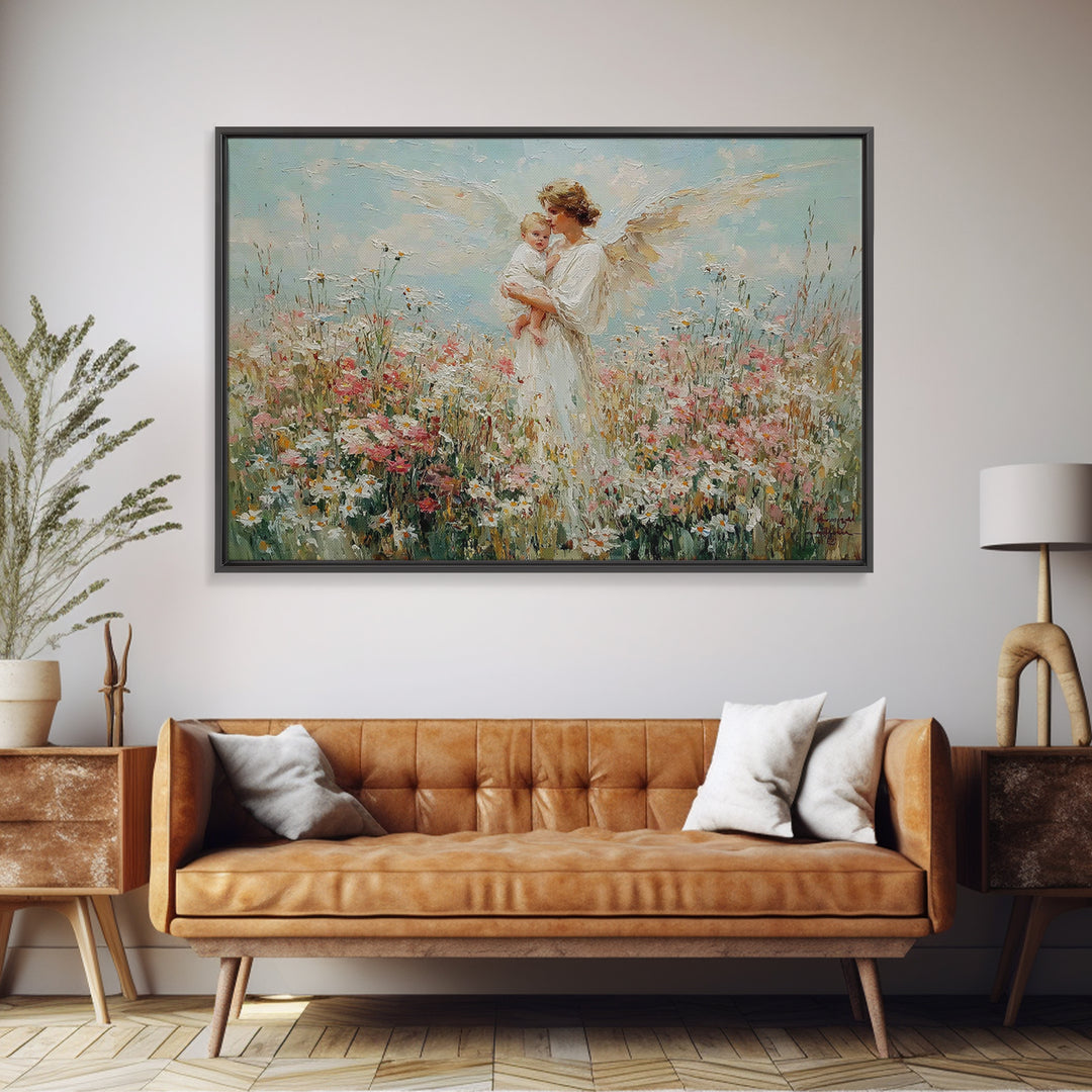Angel Mother And Baby In Daisy Meadow Canvas Print, Christian Nursery Wall Art, Floral Home Decor, Mothers Day Gift For Mom