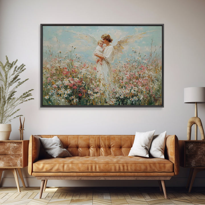 Angel Mother And Baby In Daisy Meadow Canvas Print, Christian Nursery Wall Art, Floral Home Decor, Mothers Day Gift For Mom