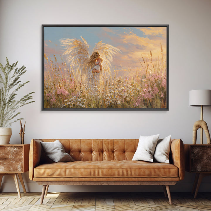 Golden Winged Angel With Baby At Sunset Framed Canvas Print, Christian Wall Art, Nursery Decor, Spiritual Gift For Mother