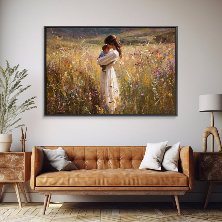 Mother Cradling Newborn In Sunlit Wildflowers Wall Art, Impressionist Oil Painting, Floral Nursery Decor, Gift For New Mom