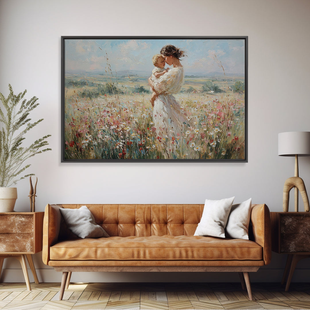 Mother And Child In Breezy Wildflower Field Canvas Print, Impressionist Wall Art, Nursery Decor, Baby Shower Gift For Mom