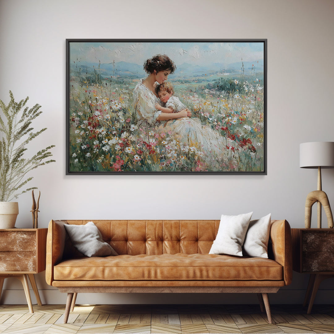 Seated Mother And Child Among Daisies Framed Canvas Print, Impressionist Wall Art, Floral Nursery Decor, Gift For New Mom
