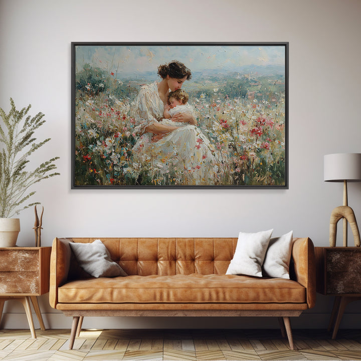 Mother Nursing Baby In Wildflower Meadow Wall Art, Impressionist Oil Painting, Christian Nursery Decor, Gift For New Mom