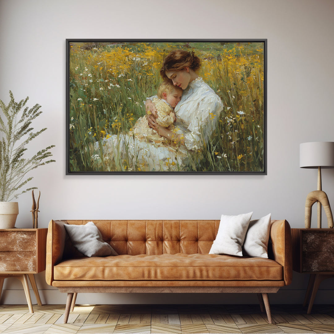 Mother And Sleeping Child In Yellow Wildflowers Canvas Print, Impressionist Wall Art, Floral Nursery Decor, Gift For Mom