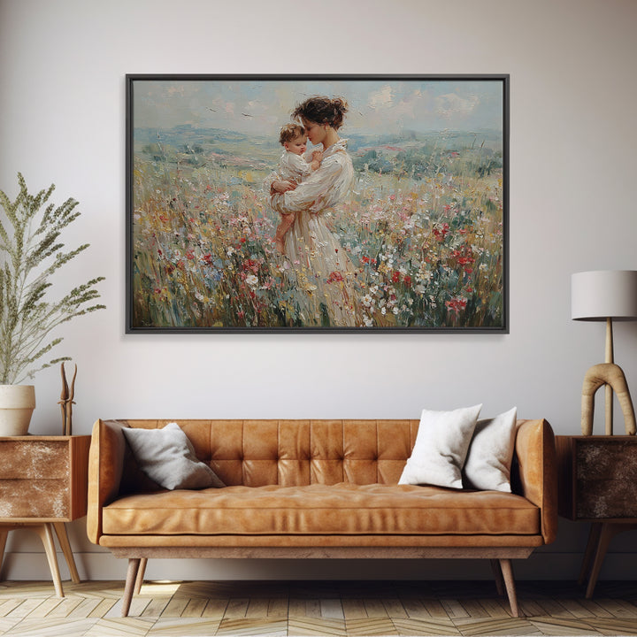 Mother Holding Baby In Mountain Wildflower Field Wall Art, Impressionist Canvas Print, Nursery Decor, Mothers Day Gift For Mom