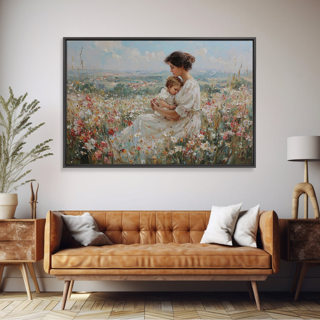 Seated Mother And Baby In Hilltop Wildflowers Canvas Print, Impressionist Landscape Art, Nursery Decor, Motherhood Gift For Her