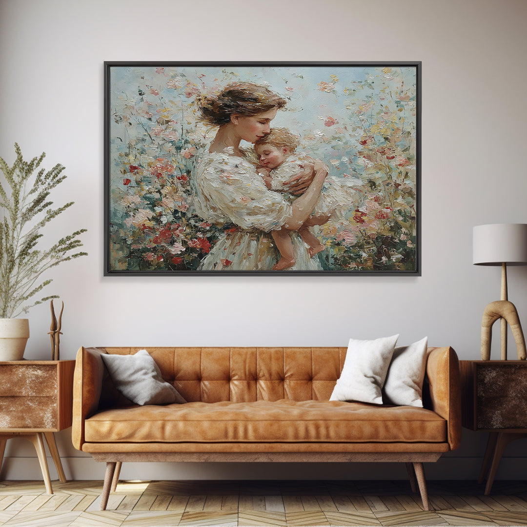 Tender Mother And Sleeping Baby In Floral Breeze Framed Canvas Print, Impressionist Wall Art, Nursery Decor, Gift For Mom