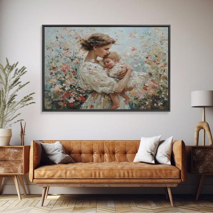 Tender Mother And Sleeping Baby In Floral Breeze Framed Canvas Print, Impressionist Wall Art, Nursery Decor, Gift For Mom