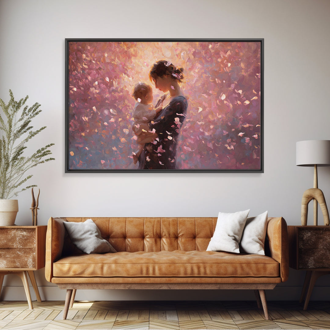 Backlit Mother And Baby In Blush Petals Wall Art, Romantic Impressionist Canvas, Feminine Nursery Decor, Gift For Her, Home Decor