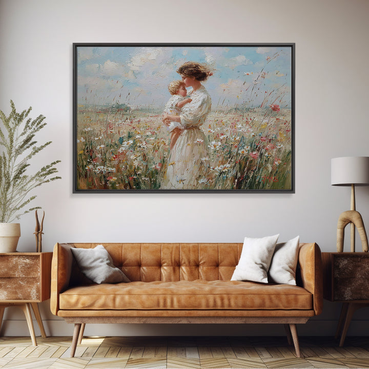 Mother Kissing Baby In Sunny Wildflower Field Wall Art, Impressionist Floral Canvas Print, Nursery Decor, Gift For Mom, Home Decor