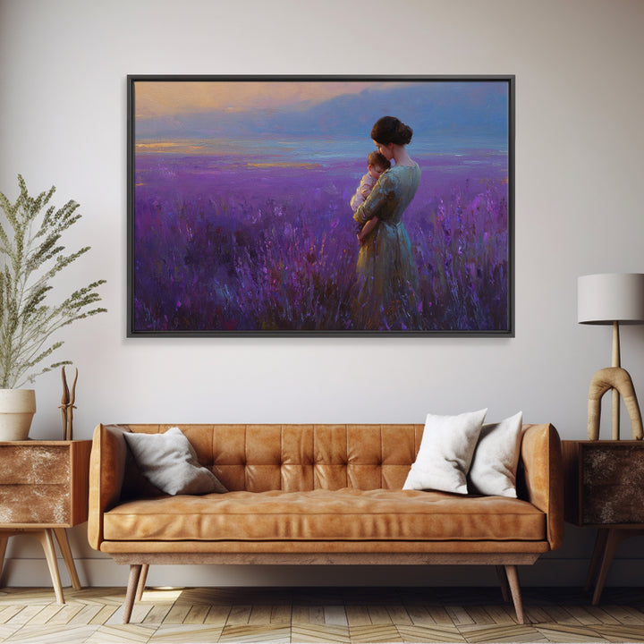 Mother And Baby In Lavender Sunset Field Wall Art, Impressionist Landscape Canvas Print, Purple Bedroom Decor, Gift For Her