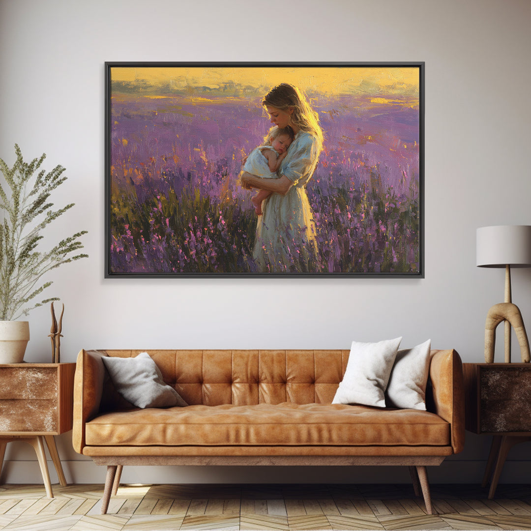 Mother And Baby In Lavender Sunset Wall Art, Impressionist Oil Painting Print, Feminine Nursery Decor, Gift For Mom, Mothers Day Gift