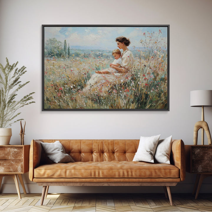 Mother And Child In Wildflower Meadow Canvas Print, Impressionist Landscape Art, Soft Nursery Decor, Gift For Mom, Fine Art