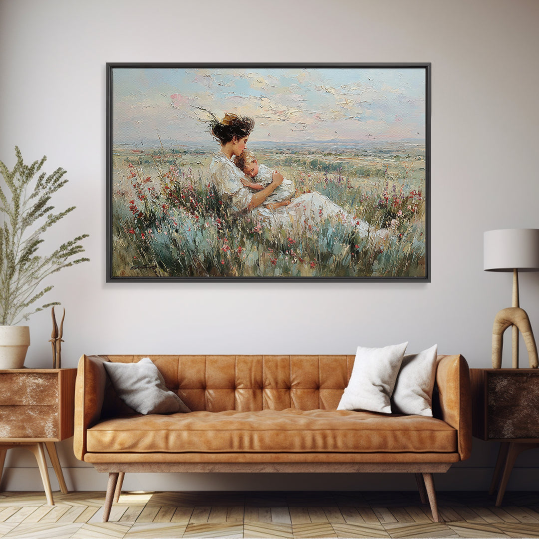 Mother Cradling Baby In Wildflower Meadow Wall Art, Impressionist Oil Painting Print, Nursery Wall Decor, Gift For Mom, Mothers Day Gift
