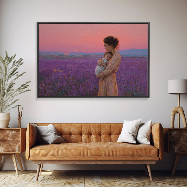 Mother And Baby In Pink Lavender Field Framed Canvas Print, Romantic Nursery Wall Art, Impressionist Landscape, Gift For Mom