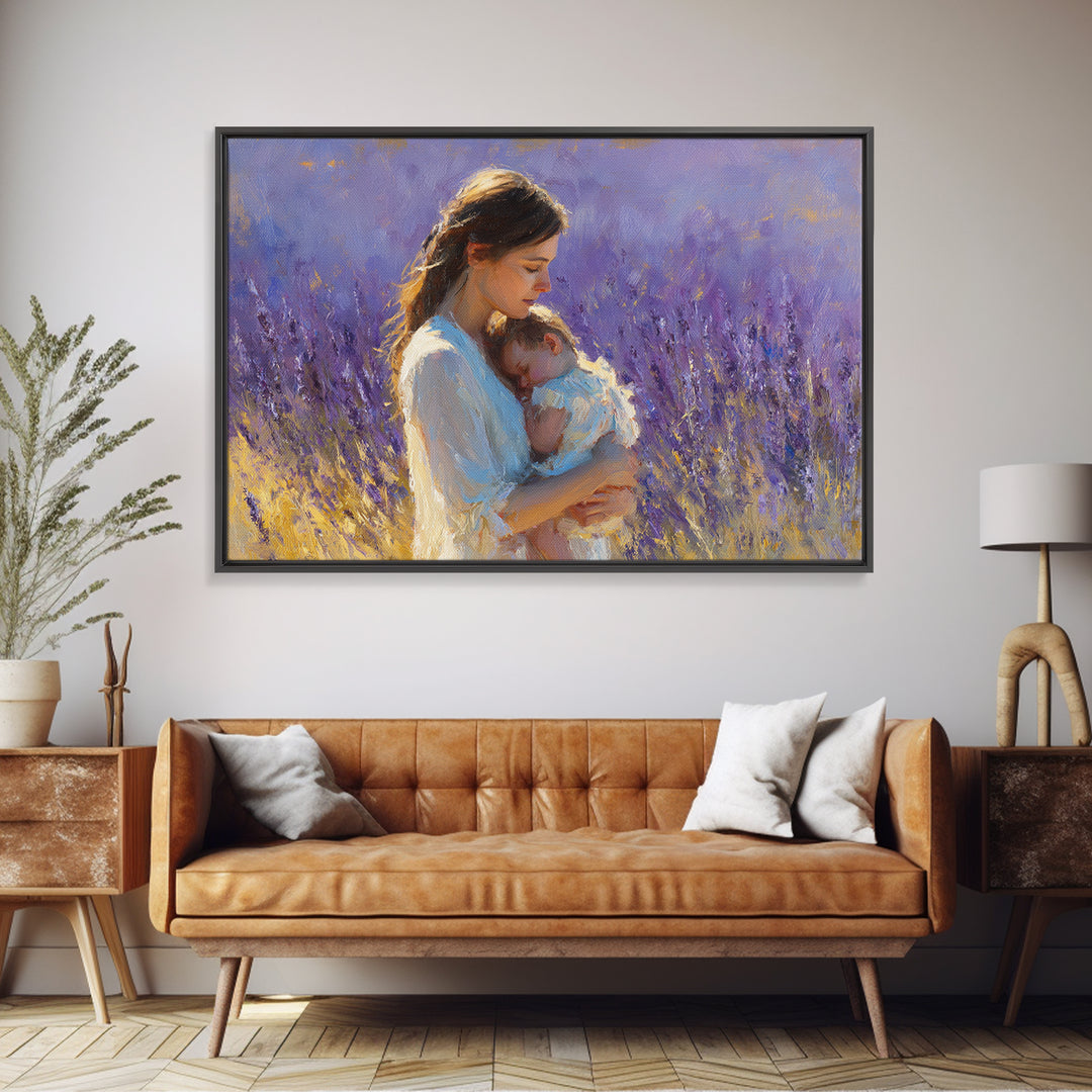 Tender Mother And Sleeping Baby Lavender Wall Art, Impressionist Oil Painting Print, Feminine Nursery Decor, Gift For Mom