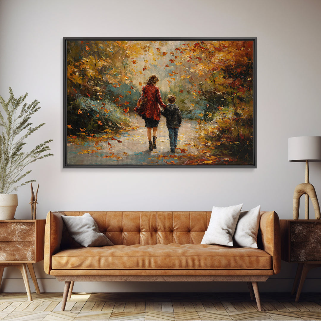 Mother And Son Walking Through Autumn Park Canvas Print, Impressionist Fall Landscape Wall Art, Cozy Home Decor, Gift For Mom