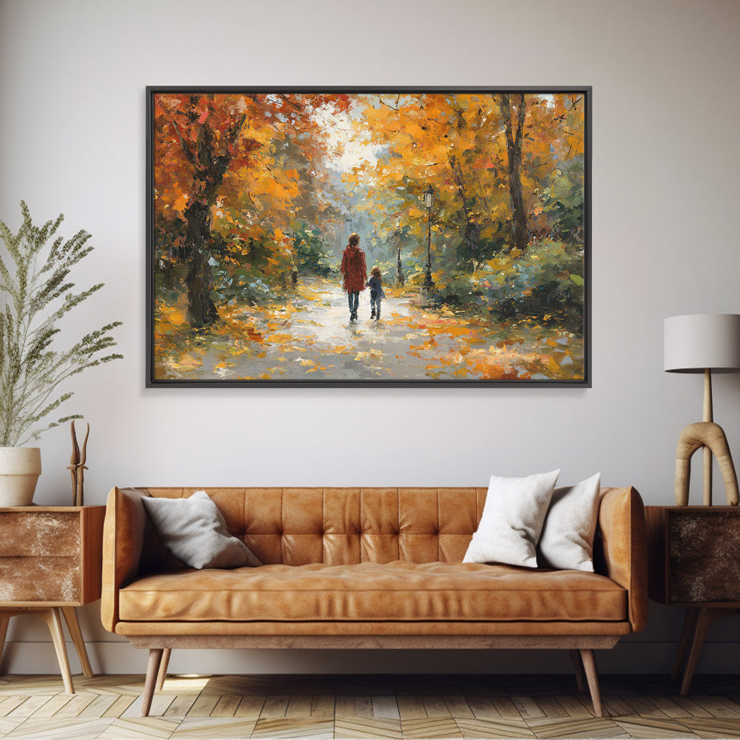 Mother And Child In Golden Autumn Park Framed Canvas Print, Impressionist Fall Landscape Wall Art, Cozy Living Room Decor
