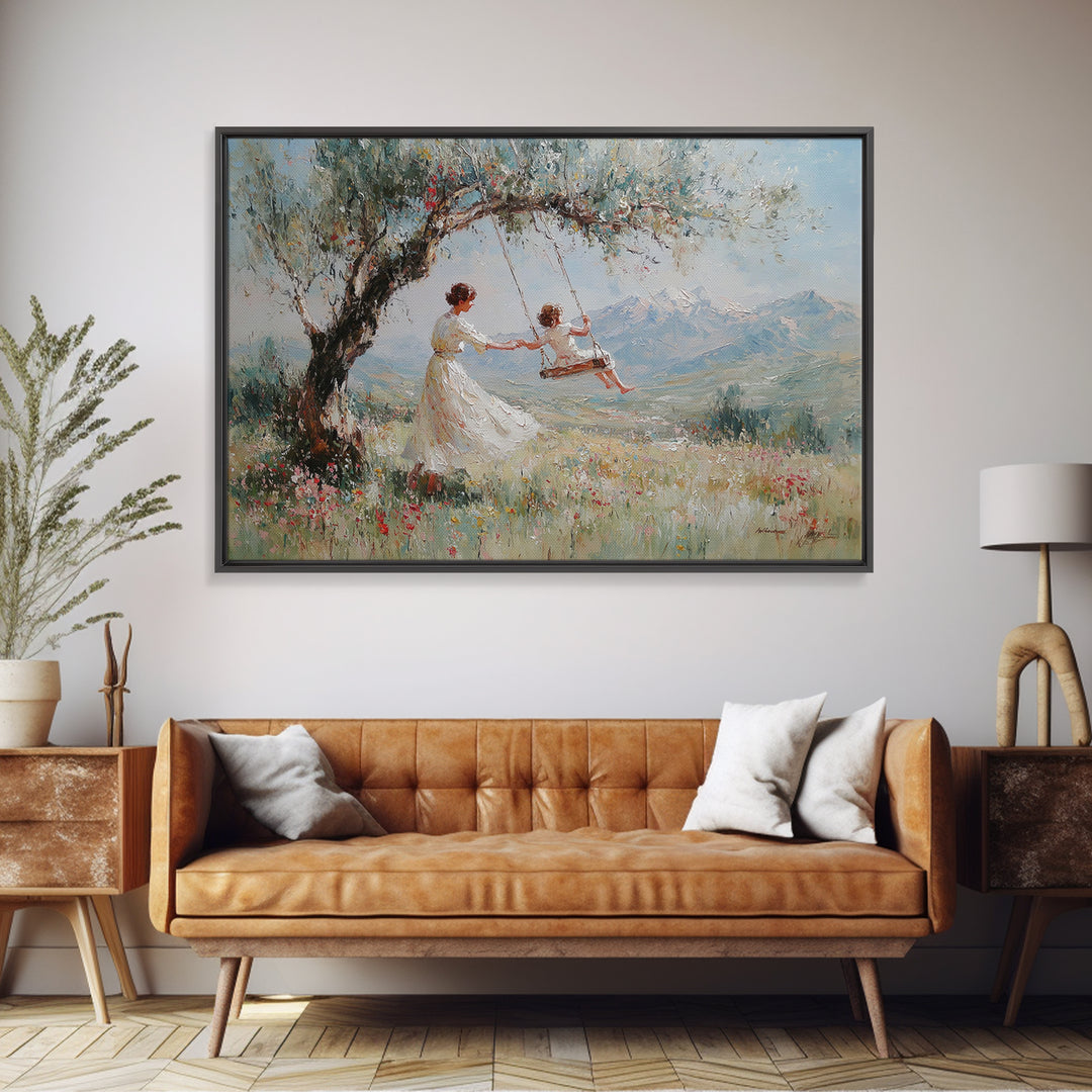 Mother Pushing Child On Meadow Swing Wall Art, Mountain Landscape Oil Painting Print, Whimsical Nursery Decor, Gift For Mom