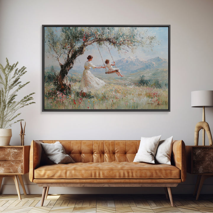 Mother Pushing Child On Meadow Swing Wall Art, Mountain Landscape Oil Painting Print, Whimsical Nursery Decor, Gift For Mom