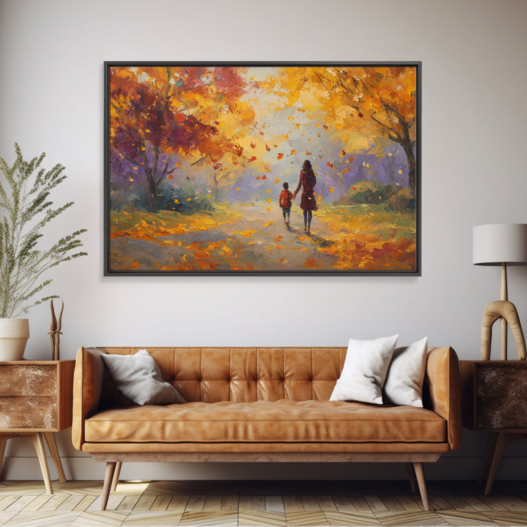 Mother And Child Under Golden Autumn Trees Canvas Print, Impressionist Fall Landscape Wall Art, Cozy Home Decor, Gift For Mom