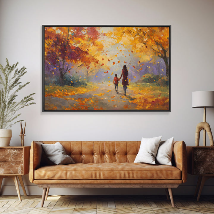 Mother And Child Under Golden Autumn Trees Canvas Print, Impressionist Fall Landscape Wall Art, Cozy Home Decor, Gift For Mom