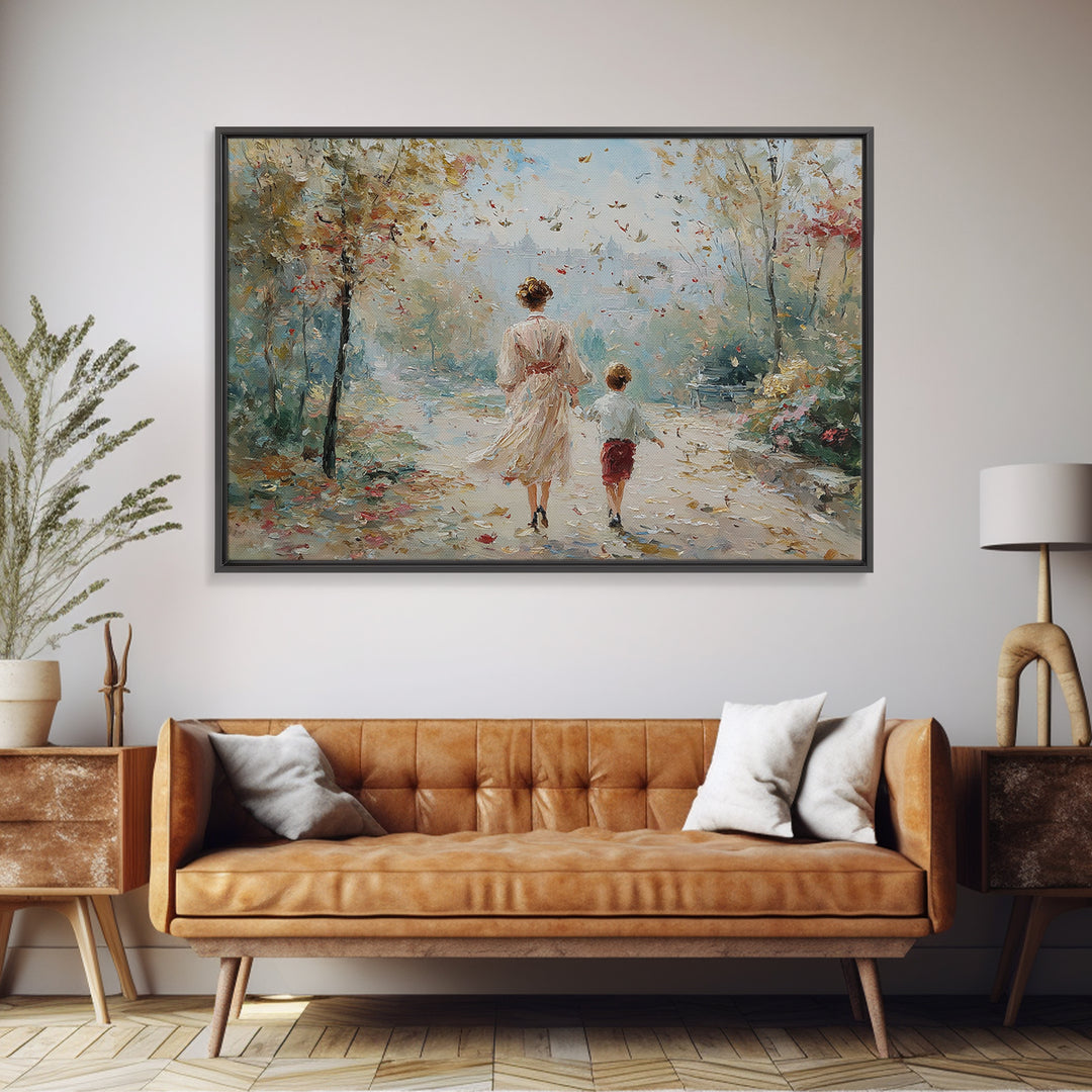 Mother And Son Garden Stroll Canvas Print, Impressionist Landscape Painting, Feminine Living Room Wall Decor, Gift For Mom