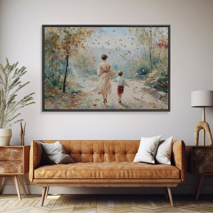 Mother And Son Garden Stroll Canvas Print, Impressionist Landscape Painting, Feminine Living Room Wall Decor, Gift For Mom