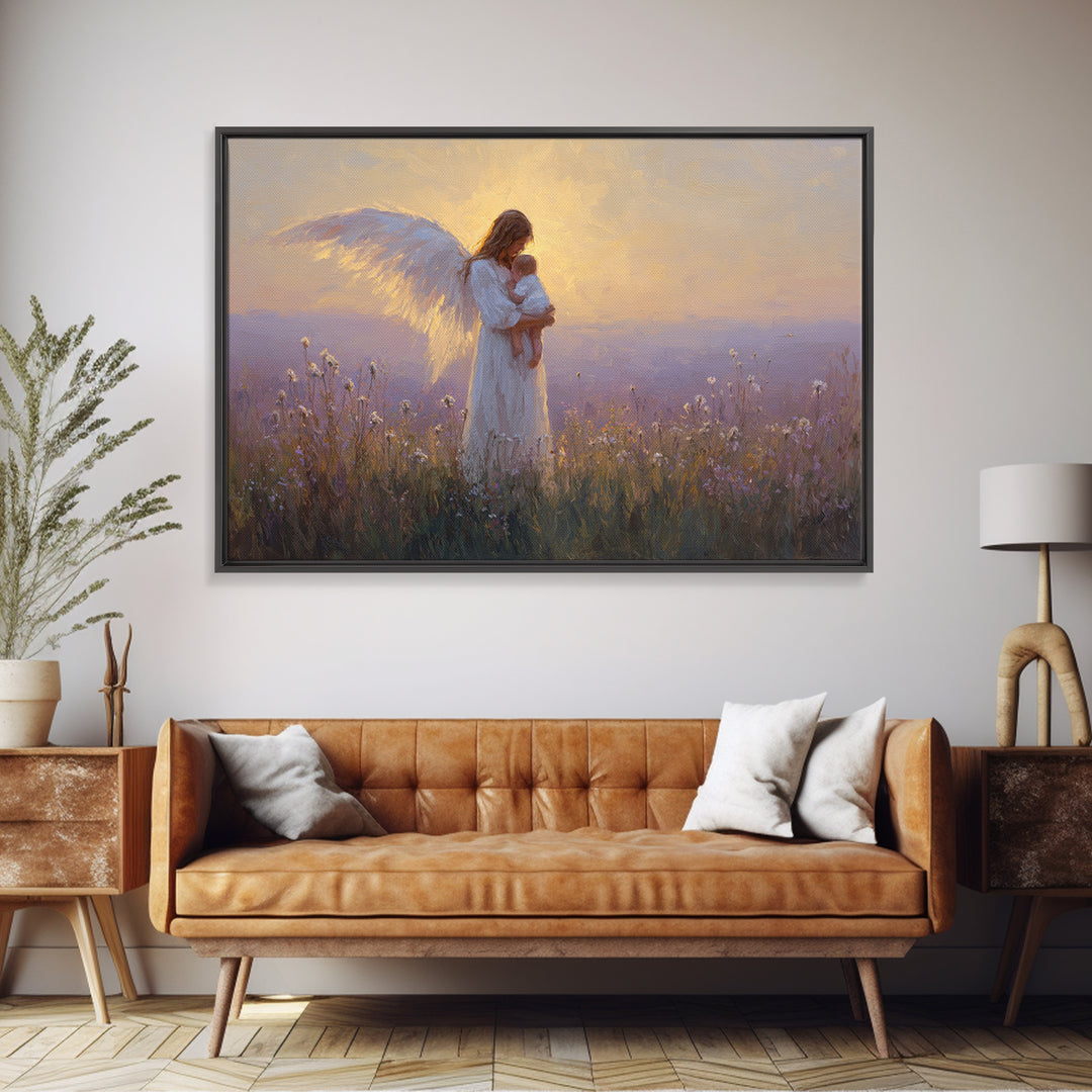 Guardian Angel Holding Baby Framed Canvas Print, Golden Meadow Oil Painting, Spiritual Nursery Decor, Christian Gift For Mom