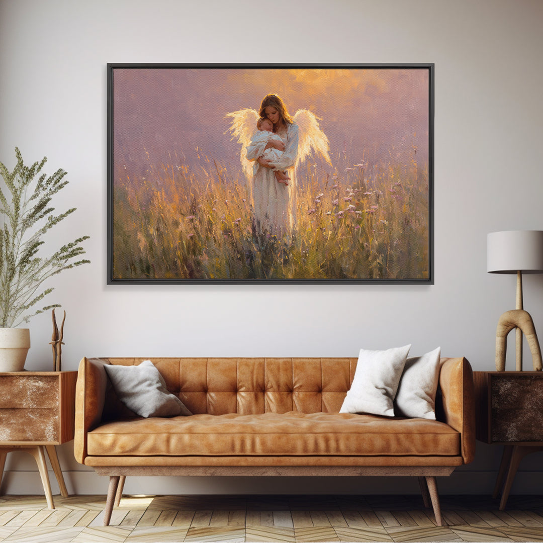 Angel Mother Cradling Newborn Canvas Print, Glowing Wildflower Oil Painting, Christian Nursery Wall Decor, Gift For New Mom