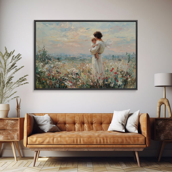 Angel Mother With Baby Wildflower Wall Art, Pastel Meadow Oil Painting Print, Spiritual Nursery Decor, Christian Gift For Mom