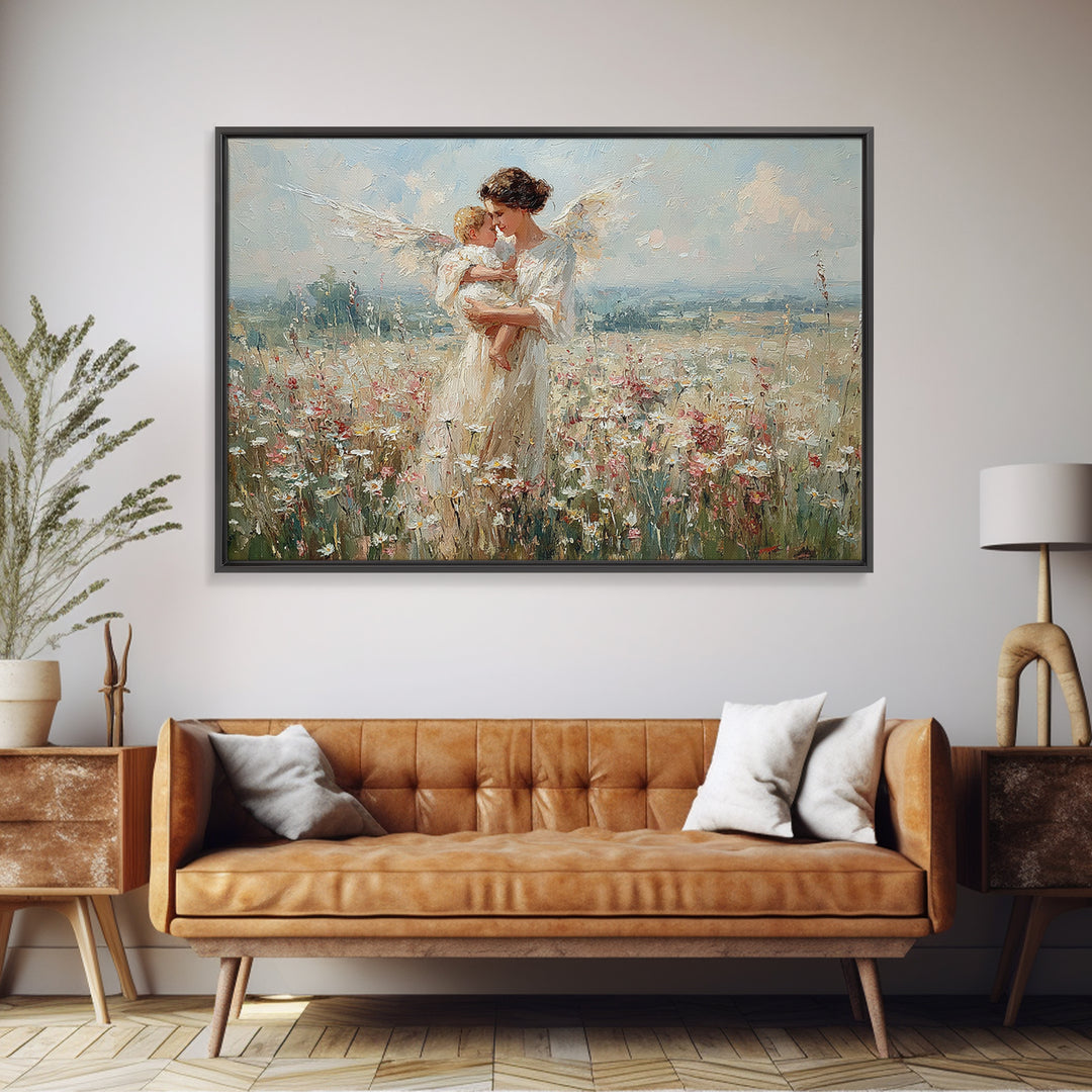 Angel Mother Kissing Baby Canvas Print, Bright Wildflower Meadow Painting, Spiritual Wall Decor, Nursery Art Gift For Mom