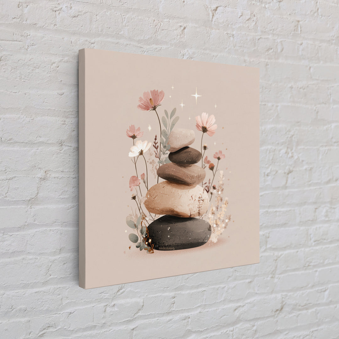 Stacked Zen Stones With Blush Flowers Wall Art, Neutral Spa Decor Canvas, Botanical Bathroom Print, Mindfulness Gift, Home Decor