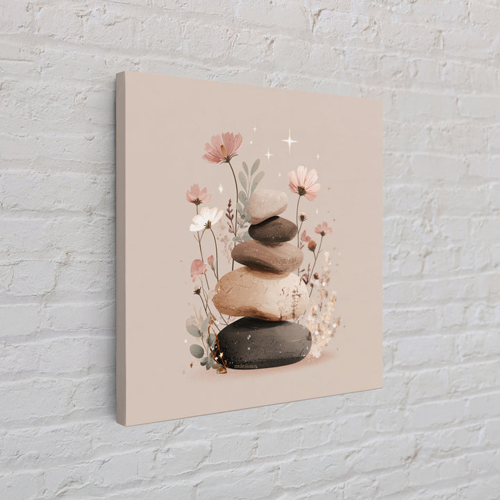 Stacked Zen Stones With Blush Flowers Wall Art, Neutral Spa Decor Canvas, Botanical Bathroom Print, Mindfulness Gift, Home Decor