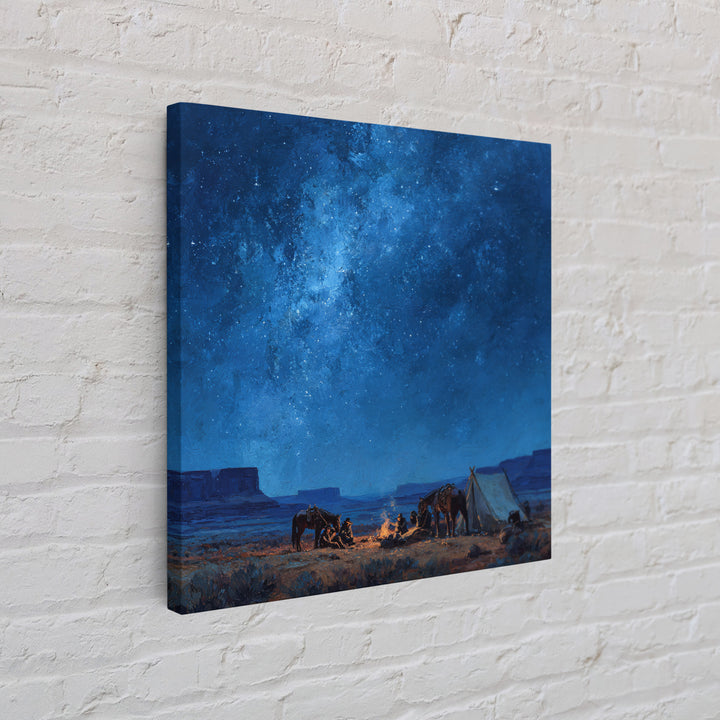 Cowboys Around Campfire Under Milky Way Wall Art, Western Night Desert Painting Print, Rustic Cabin Decor Living Room Art