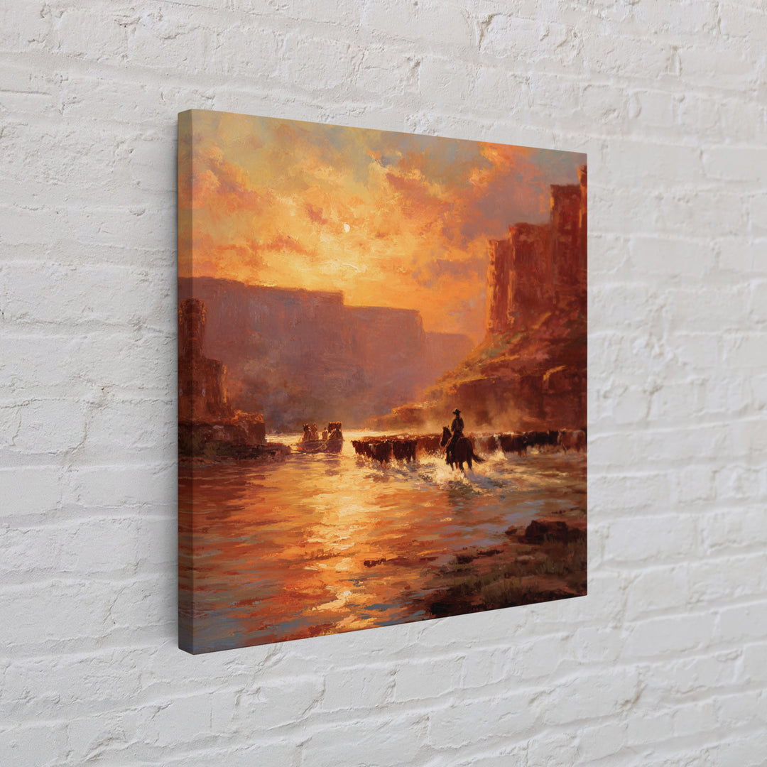 Cowboy Cattle Drive Sunset River Western Landscape Wall Art Canvas Print Rustic Home Decor Living Room Western Wall Art