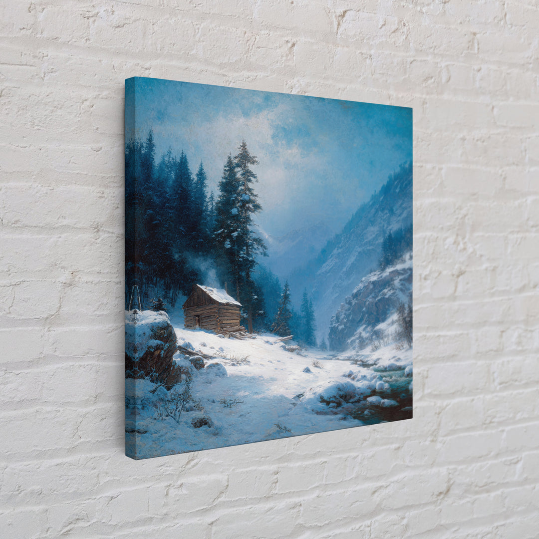 Cozy Winter Cabin In Snowy Mountain Valley Wall Art Print, Rustic Landscape Home Decor, Calming Nature Canvas Print