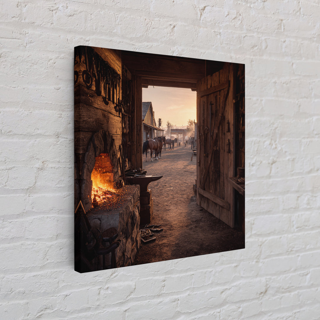 Cozy Old West Blacksmith Shop At Sunset Wall Art For Rustic Farmhouse Decor, Western Town Framed Canvas Print
