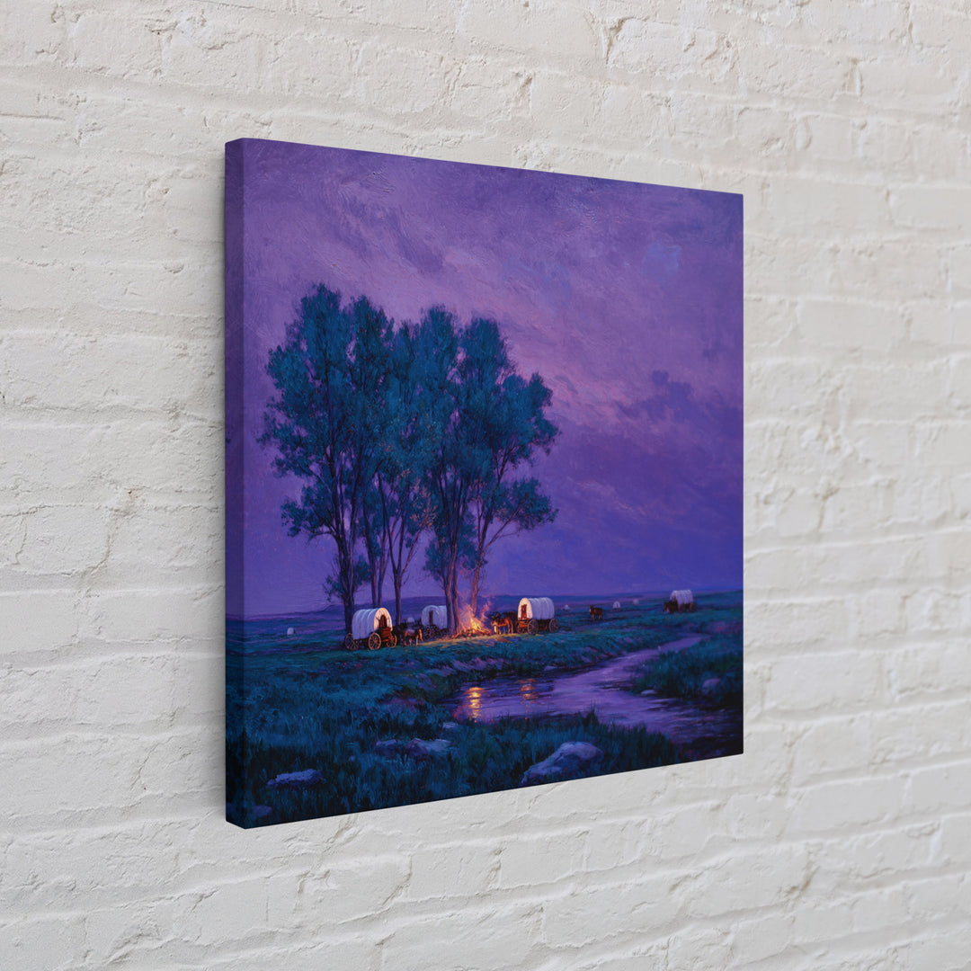 Purple Prairie Campfire Wagons Wall Art, Western Night Landscape Painting, Cozy Cabin Country Decor, Canvas Print