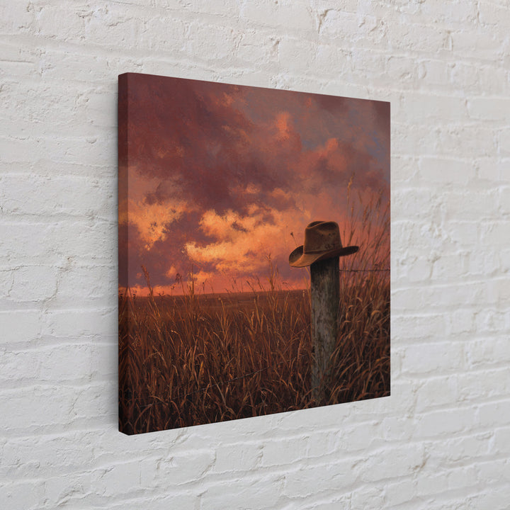 Western Cowboy Hat Sunset Field Wall Art Rustic Landscape Canvas Print Country Home Decor Farmhouse Painting Living Room Art