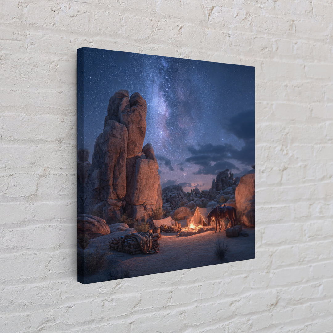 Starry Desert Campfire Wall Art, Western Night Landscape Framed Canvas Print, Cowboy Camping Art, Rustic Cabin Decor