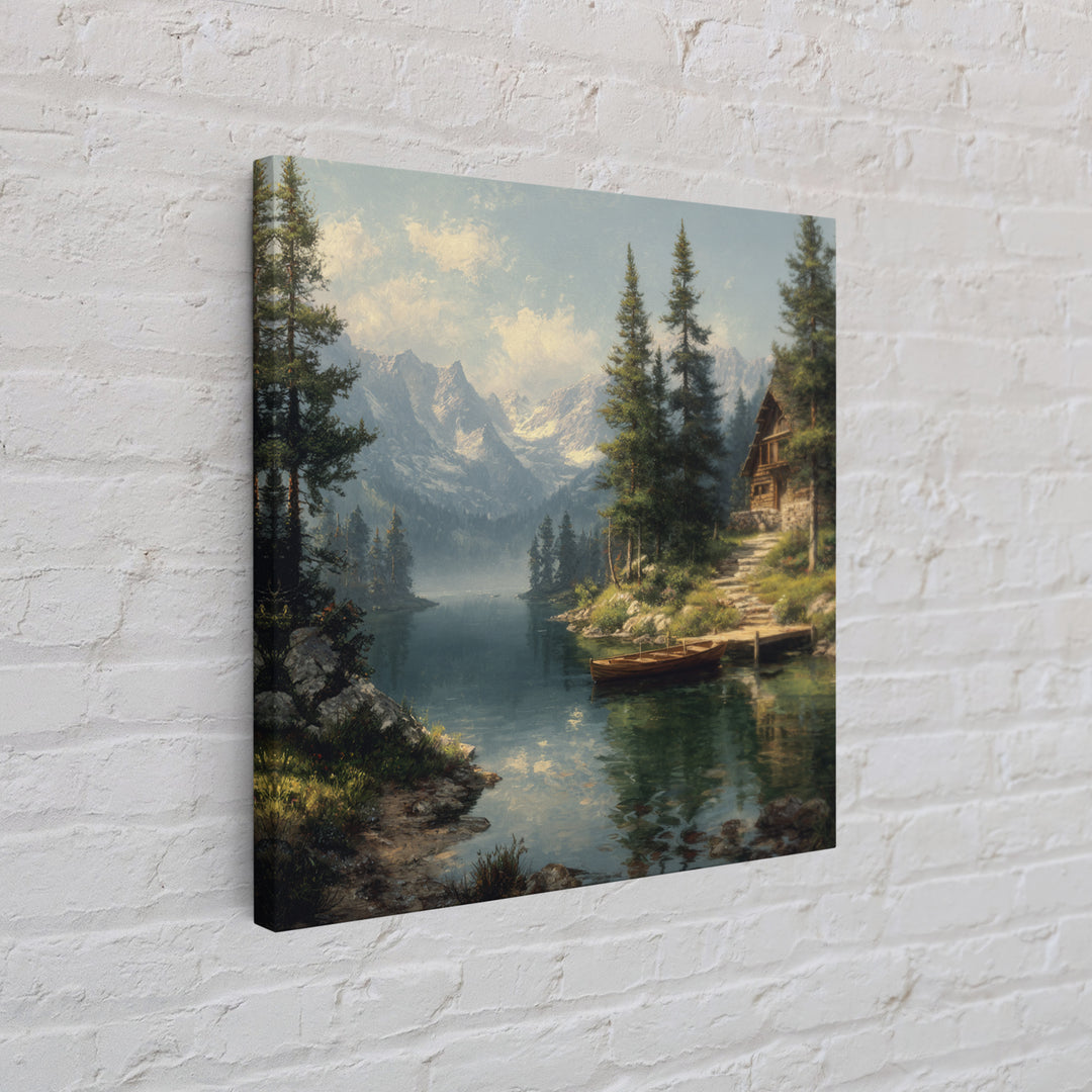 Mountain Lake Cabin Landscape Wall Art Canvas Print, Rustic Country Home Decor, Large Landscape Art, Living Room Wall Decor