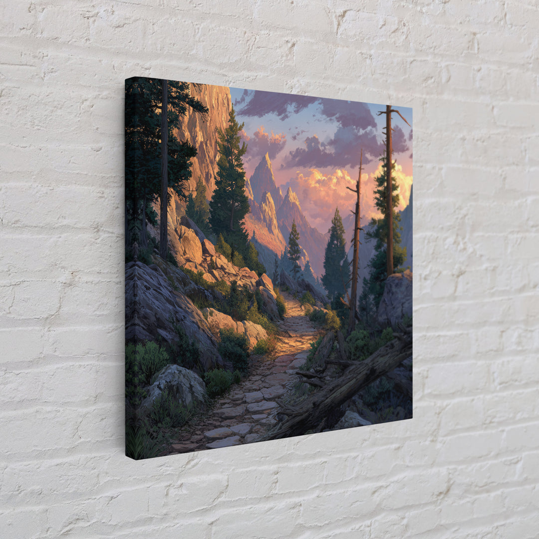 Mountain Trail At Sunset Landscape Wall Art, Scenic Hiking Path Canvas Print, Rustic Nature Home Decor For Living Room