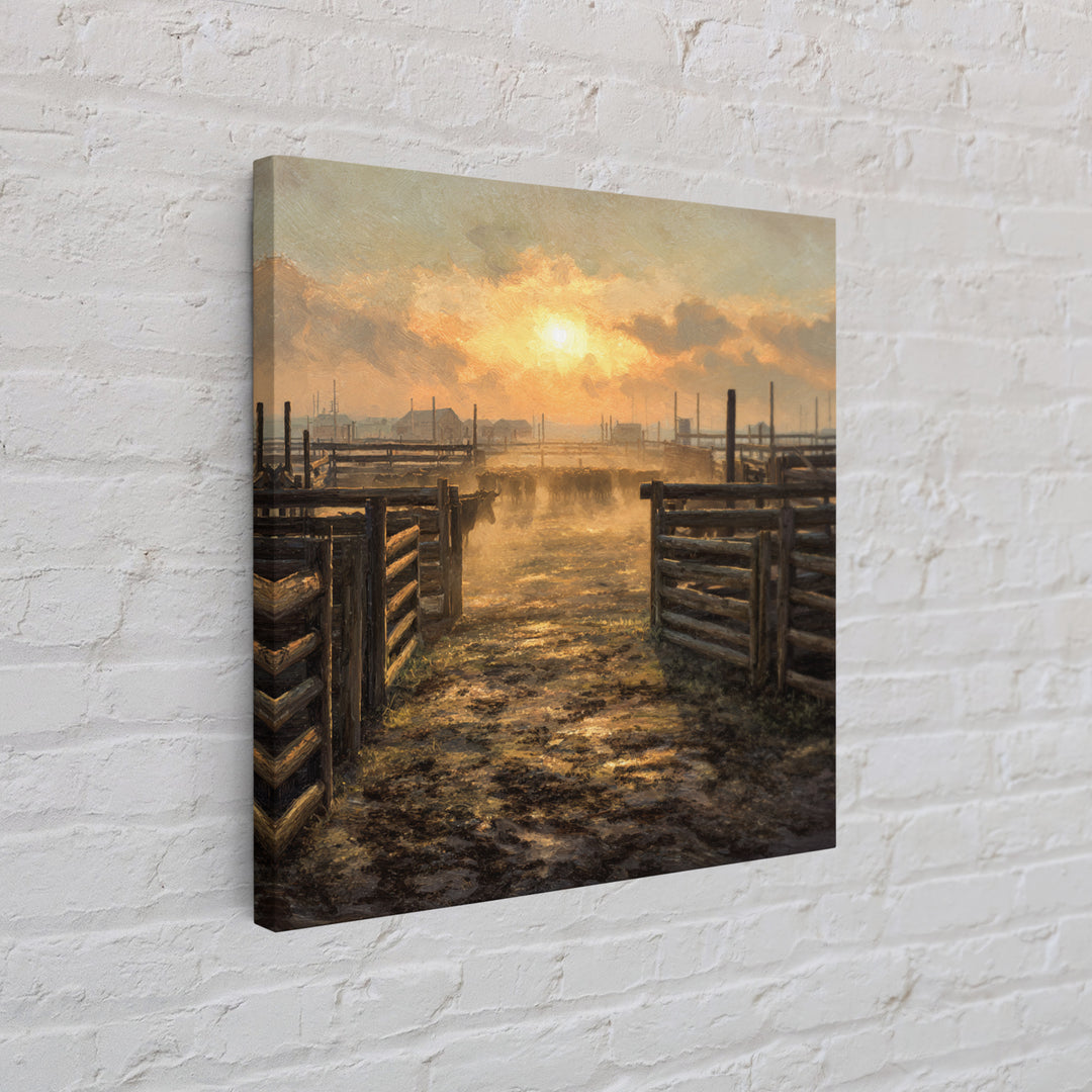 Rustic Cattle Pens Sunrise Oil Painting Wall Art, Western Farmhouse Landscape Print For Country Kitchen Or Living Room Decor