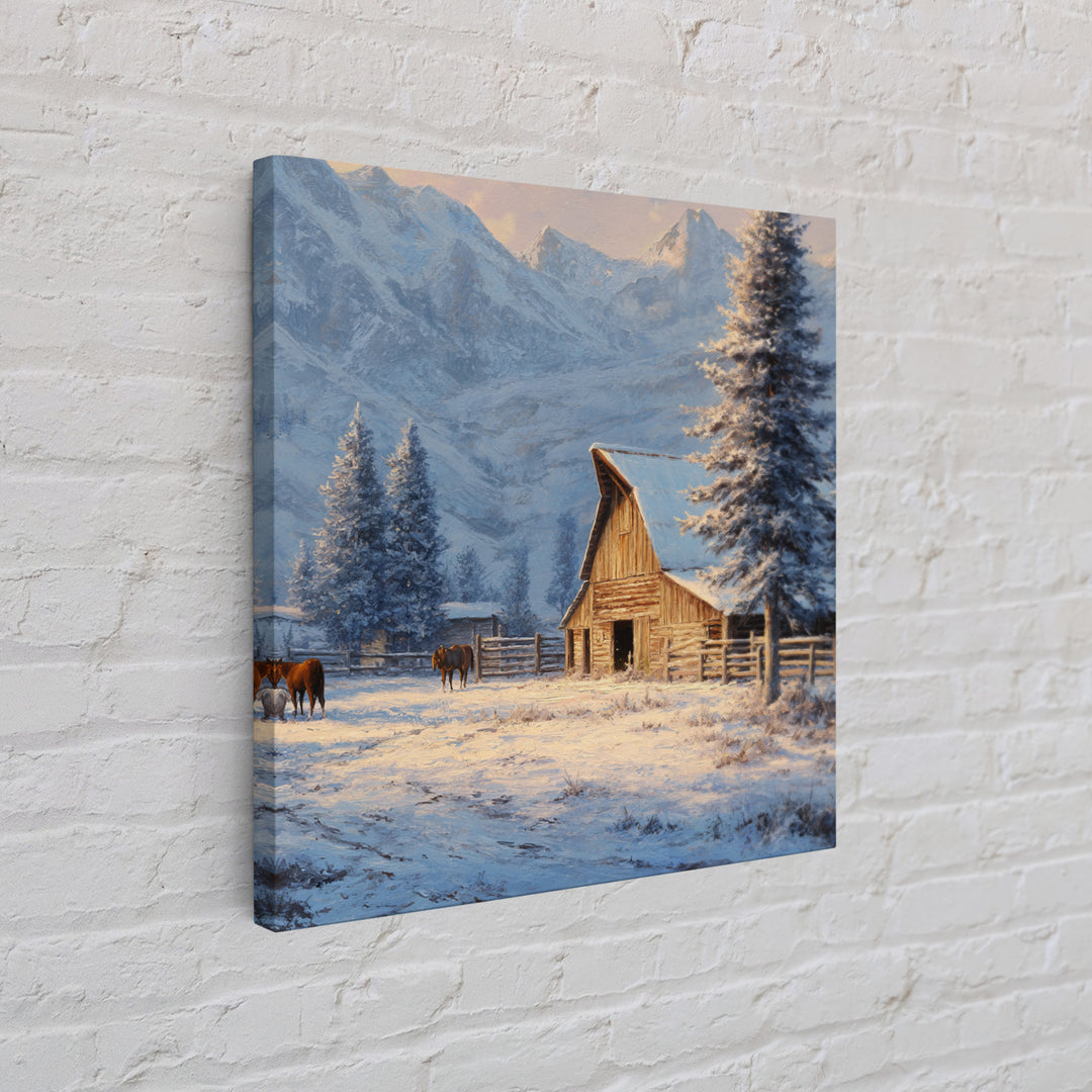 Snowy Mountain Barn Winter Wall Art, Rustic Farm Landscape Canvas Print, Cozy Cabin Decor, Country Farmhouse Living Room Wall Decor