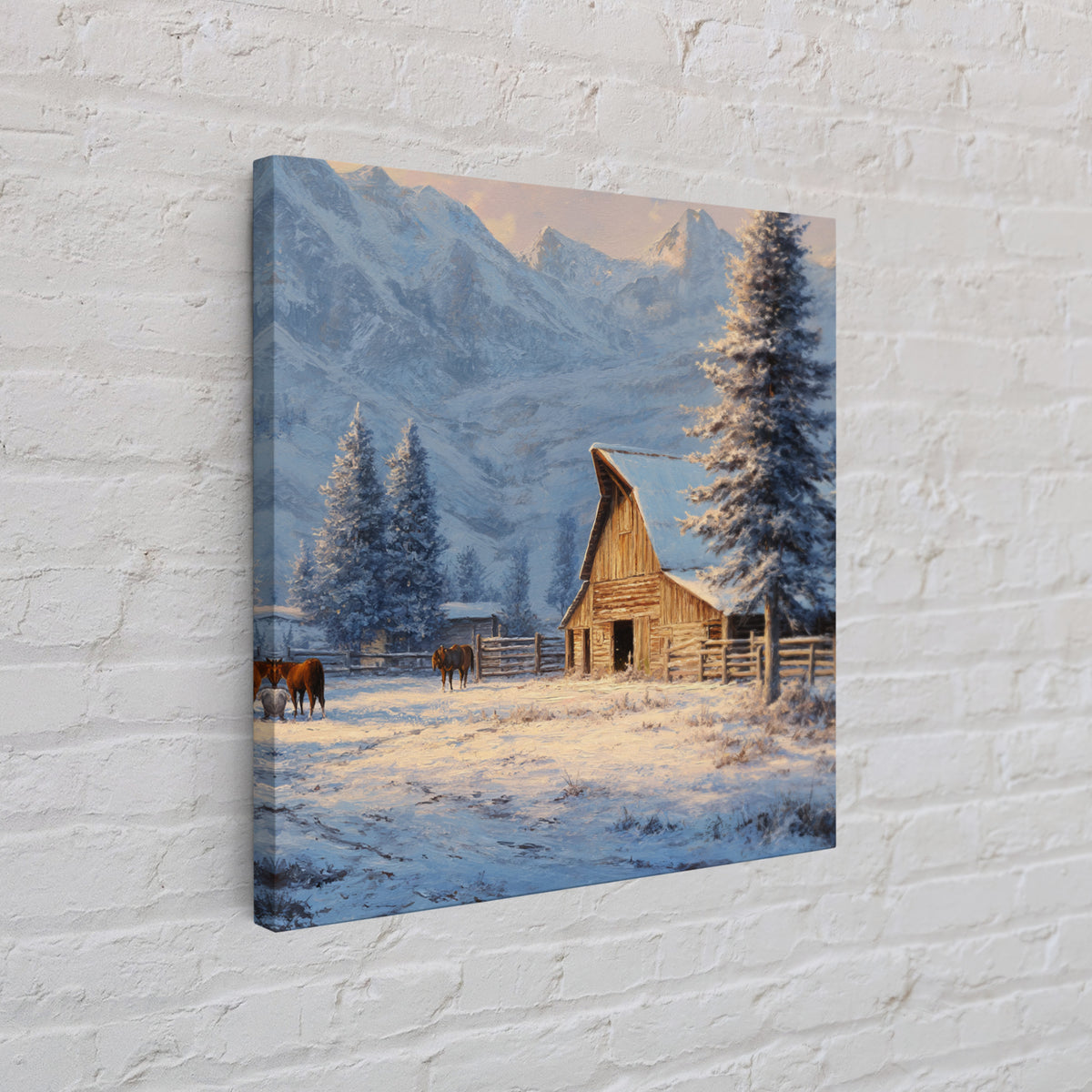 Snowy Mountain Barn Winter Wall Art, Rustic Farm Landscape Canvas Print, Cozy Cabin Decor, Country Farmhouse Living Room Wall Decor