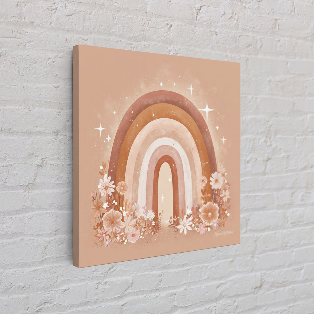 Peach Floral Rainbow Wall Art, Daisy Nursery Decor, Boho Kids Room Art, Feminine Wall Decor, Baby Girl Nursery Canvas Print