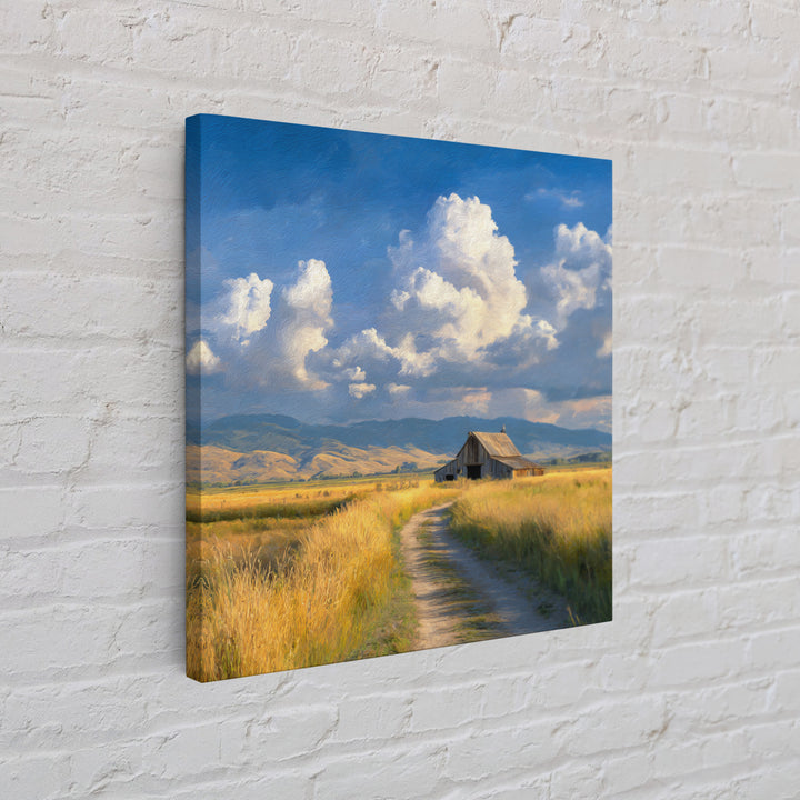 Golden Field Barn Country Landscape Wall Art, Blue Sky Farmhouse Canvas Print, Rustic Country Home Decor For Kitchen Or Living Room
