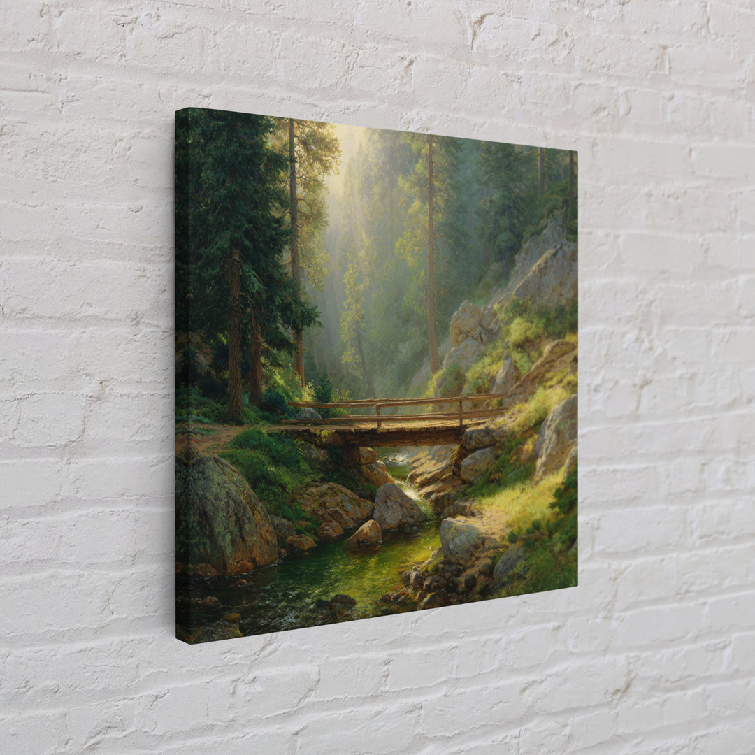 Sunlit Forest Bridge Landscape Wall Art, Tranquil Nature Print, Calming Green Decor, Rustic Country Artwork For Living Room Or Bedroom